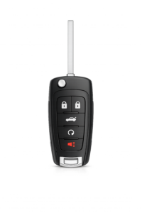 Folding flip key remote with lock, unlock, trunk, remote start and panic buttons on a gray background