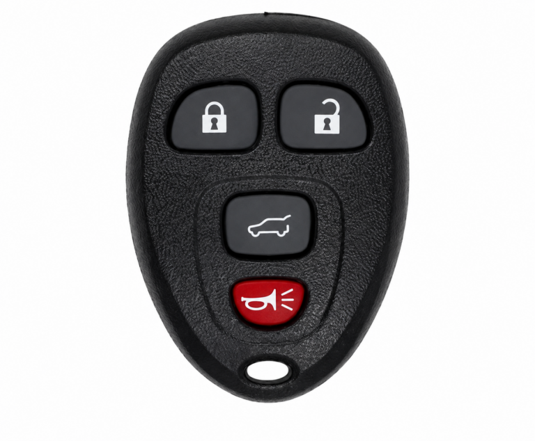Four button keyless entry remote fob with lock, unlock, liftgate and panic functions for an SUV